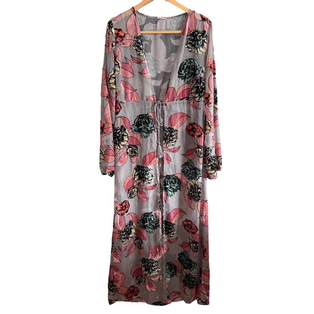 EN CREME Pink and green Burnout Velvet Maxi Tie Front Duster Swim Cover up Large